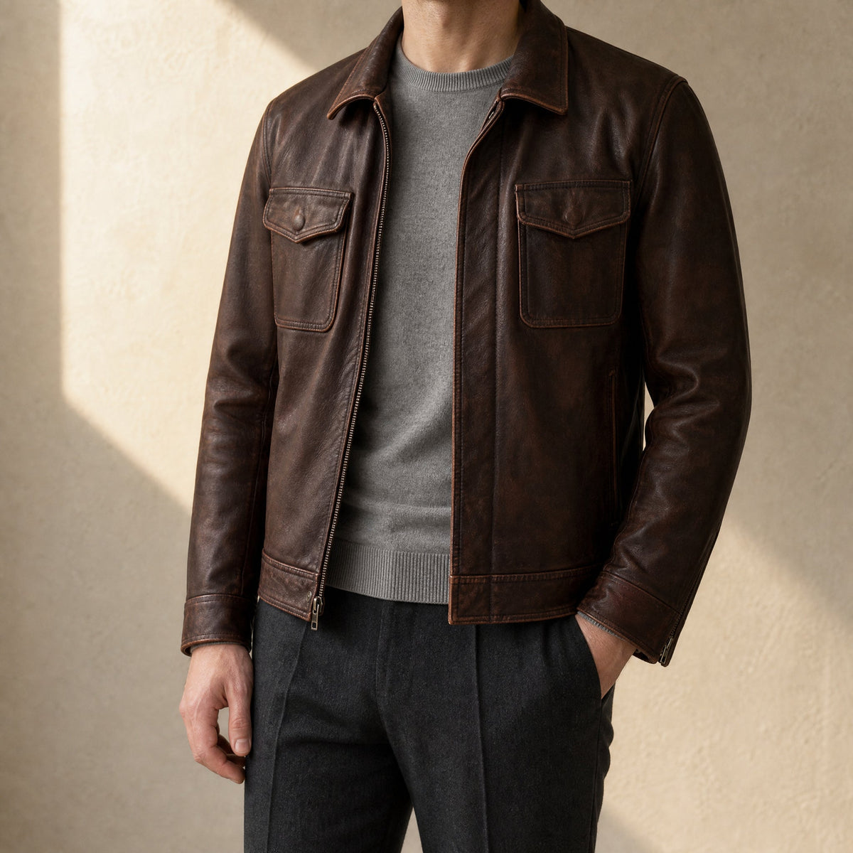 Man wearing the Comet Leather Biker Jacket in brown over a gray sweater