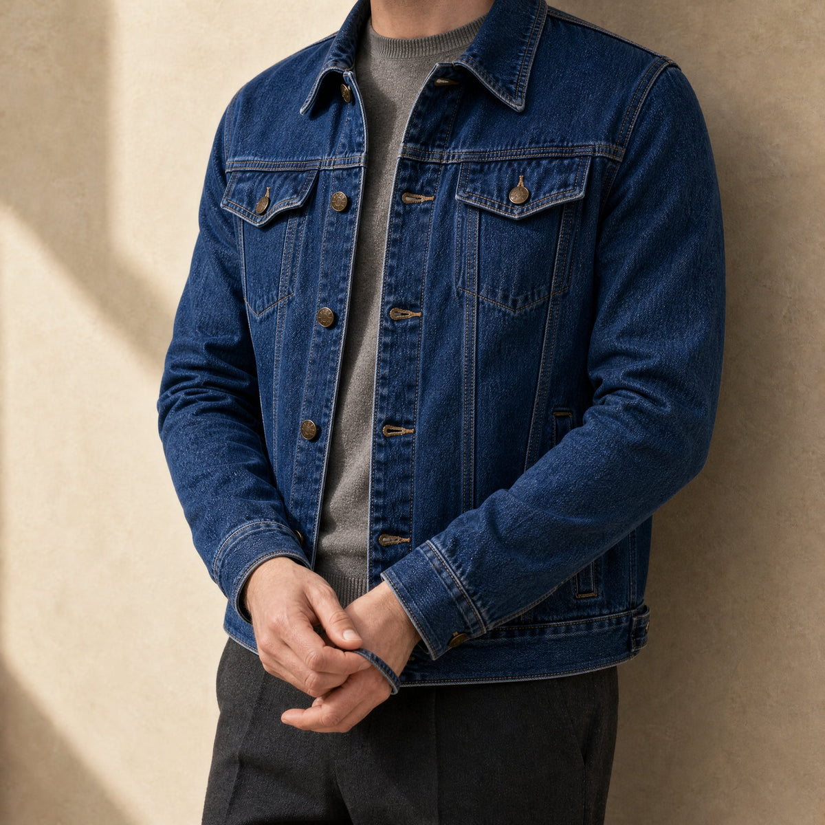 Man in a dark blue denim jacket worn open over a gray crew-neck sweater and charcoal trousers