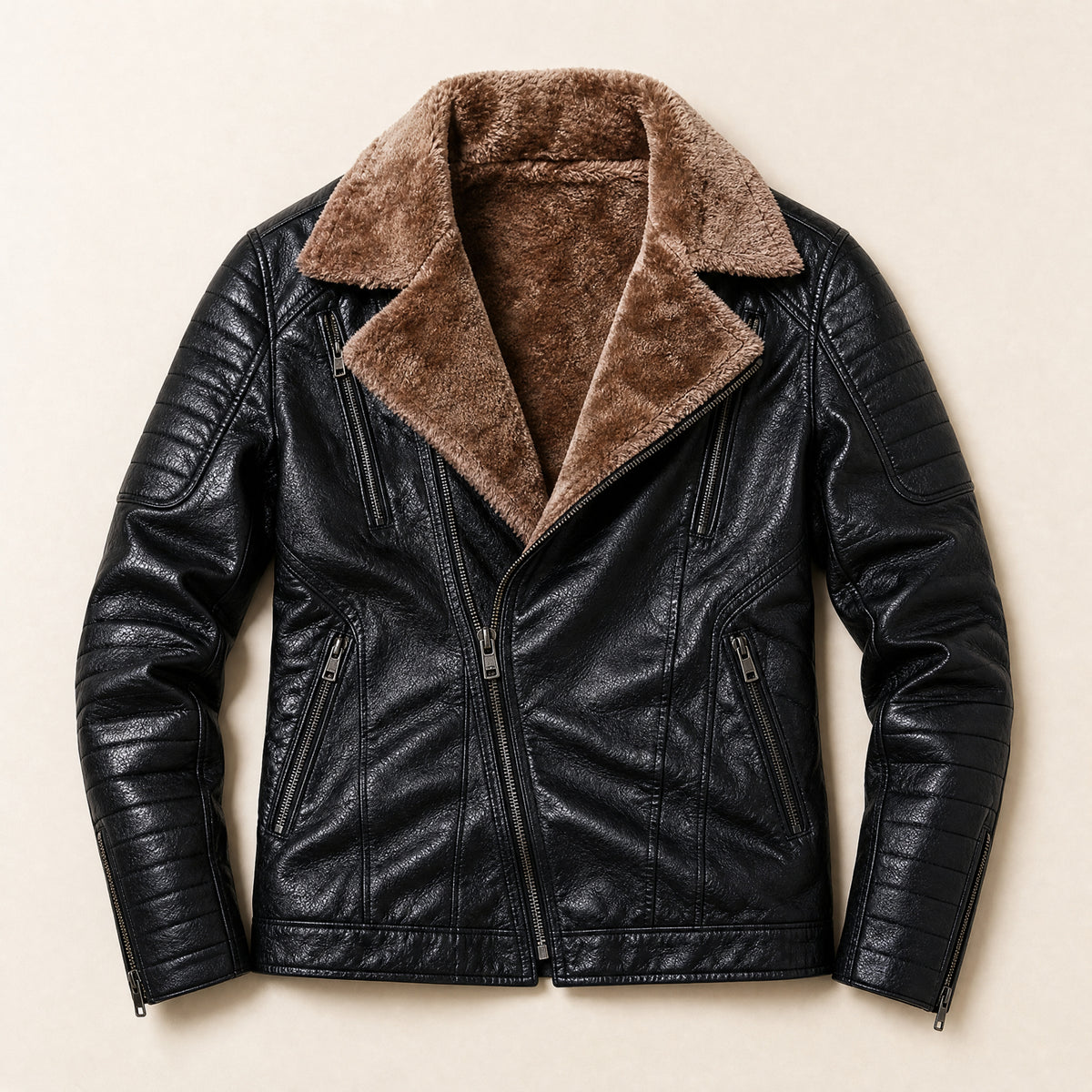 Adit Leather Shearling Jacket in Black