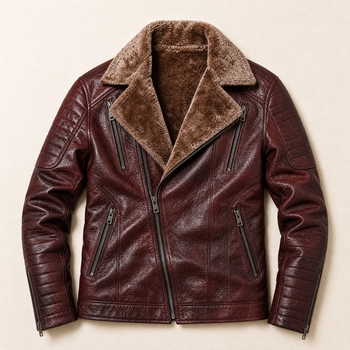 Adit Leather Shearling Jacket in Burgundy