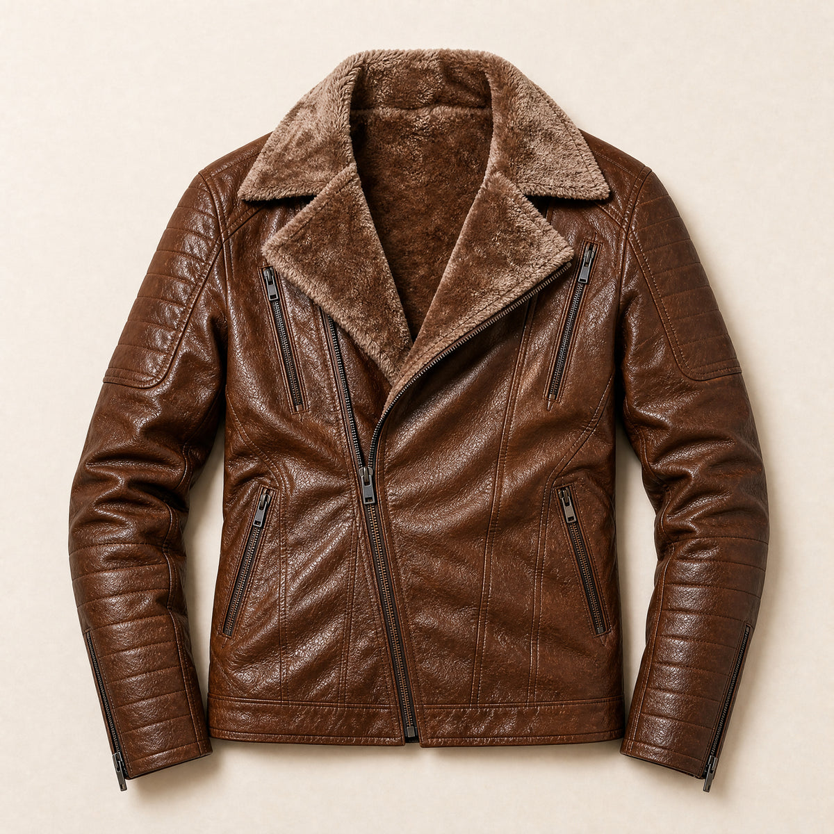 Adit Leather Shearling Jacket in Coffee