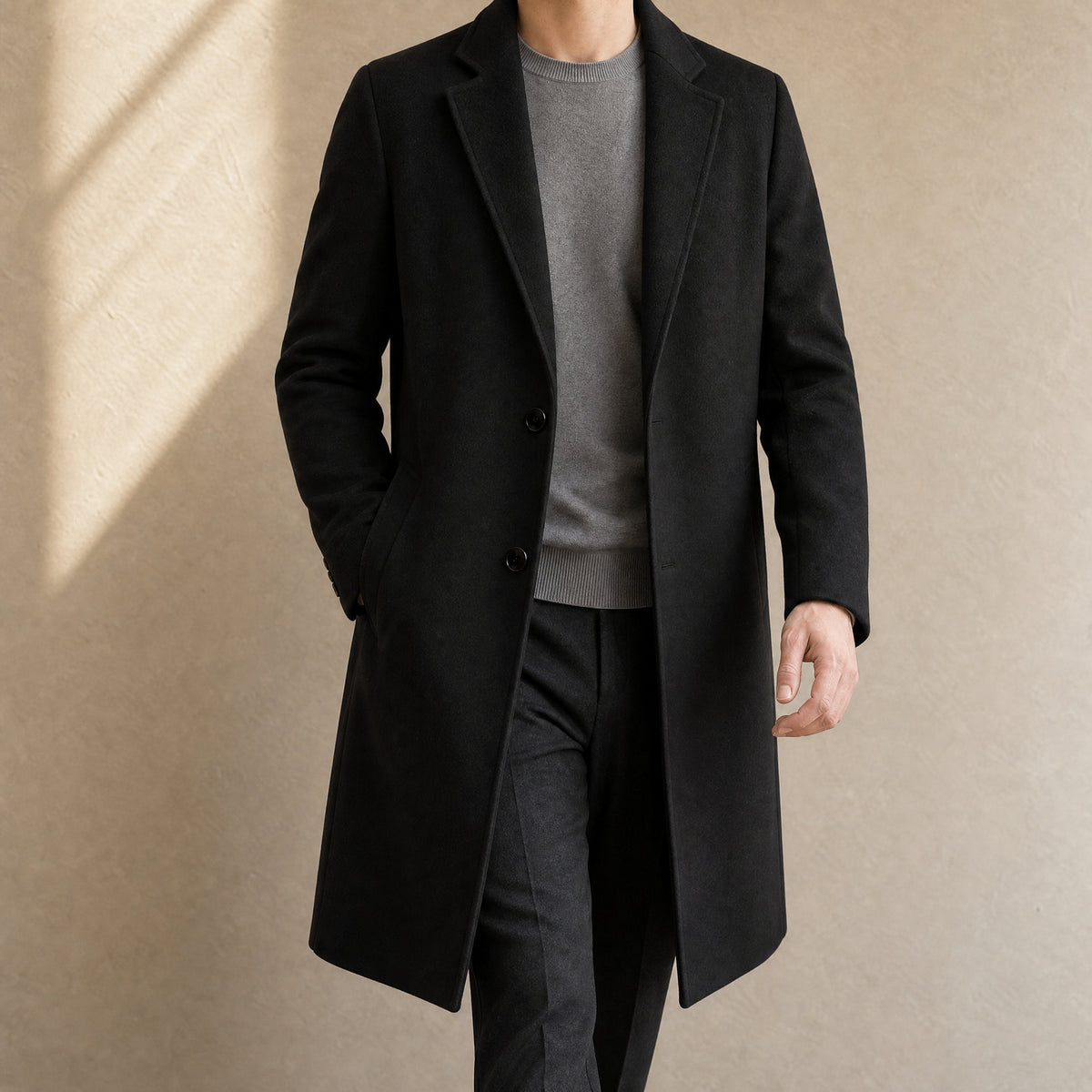 Agate Long Single-Breasted Overcoat in Black