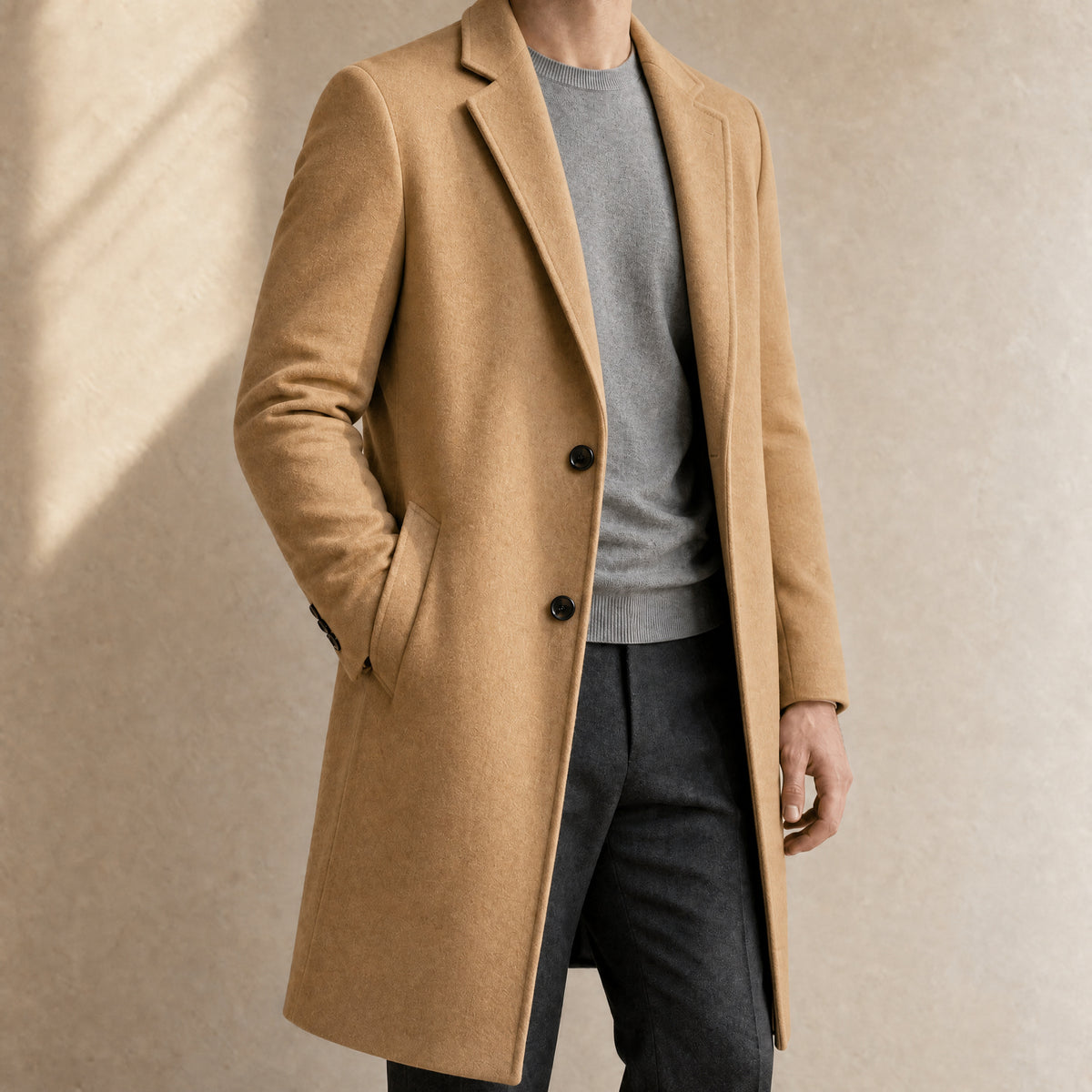 Agate Long Single-Breasted Overcoat in Khaki