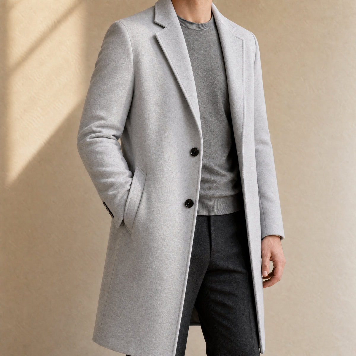 Agate Long Single-Breasted Overcoat in Light Gray