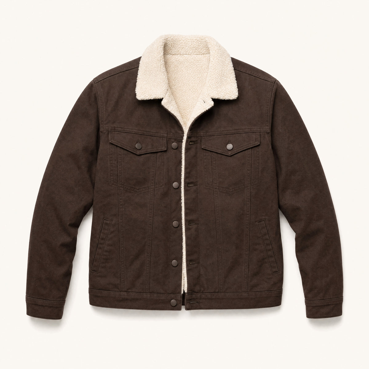 The Alder Men's Sherpa-Lined Canvas Jacket in Espresso Brown, front flat lay