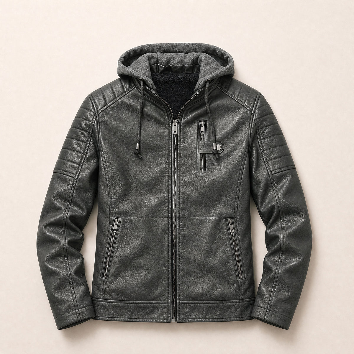 Arbor Fleece-Lined Leather Jacket in Dark Gray