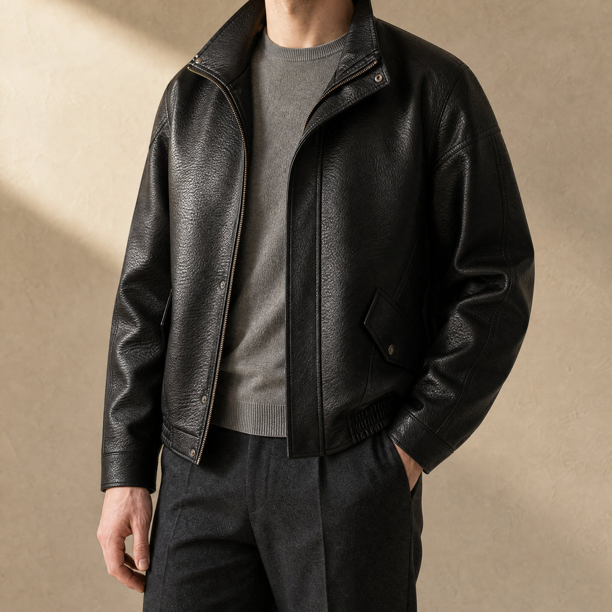 Atoll Leather Collared Jacket in Black
