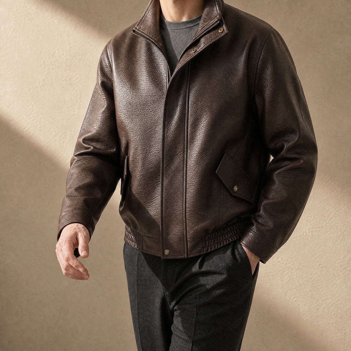 Atoll Leather Collared Jacket in Brown