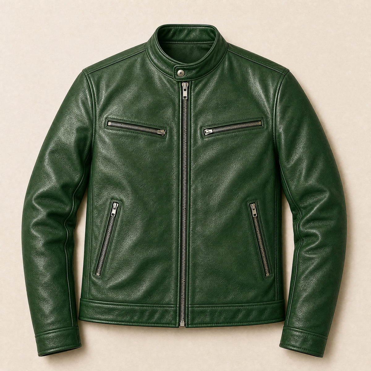 Aurora Faux-Leather Cafe Racer Jacket in Olive Green