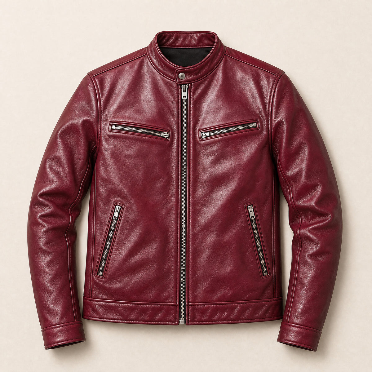 Aurora Faux-Leather Cafe Racer Jacket in Wine Red
