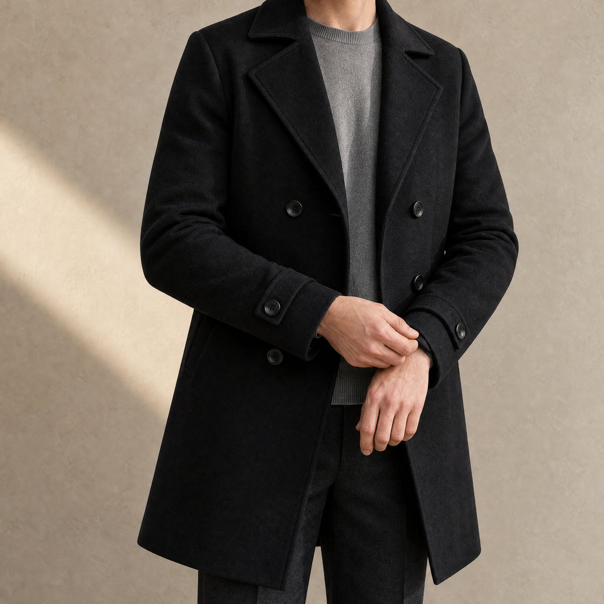 Basalt Double-Breasted Wool-Blend Coat in Black
