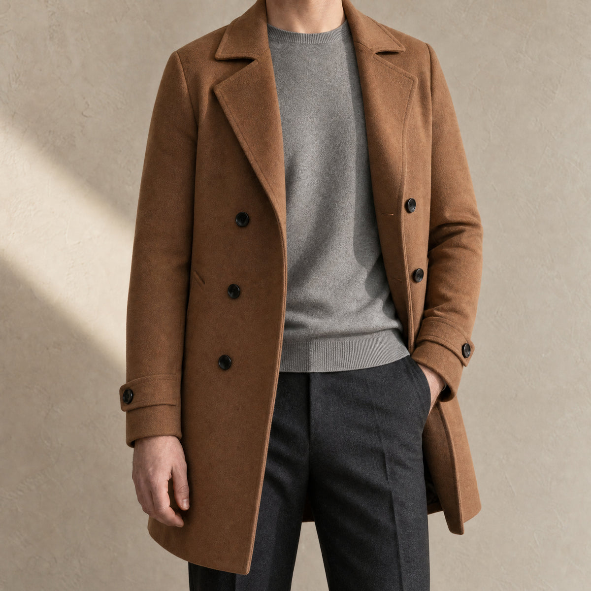 Basalt Double-Breasted Wool-Blend Coat in Camel