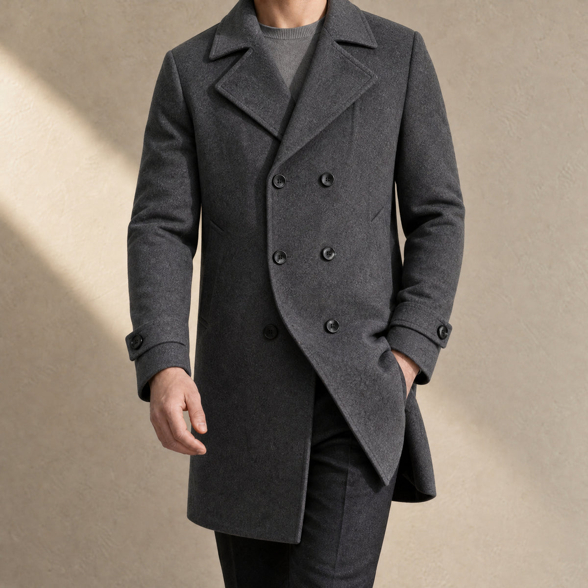 Basalt Double-Breasted Wool-Blend Coat in Dark Gray