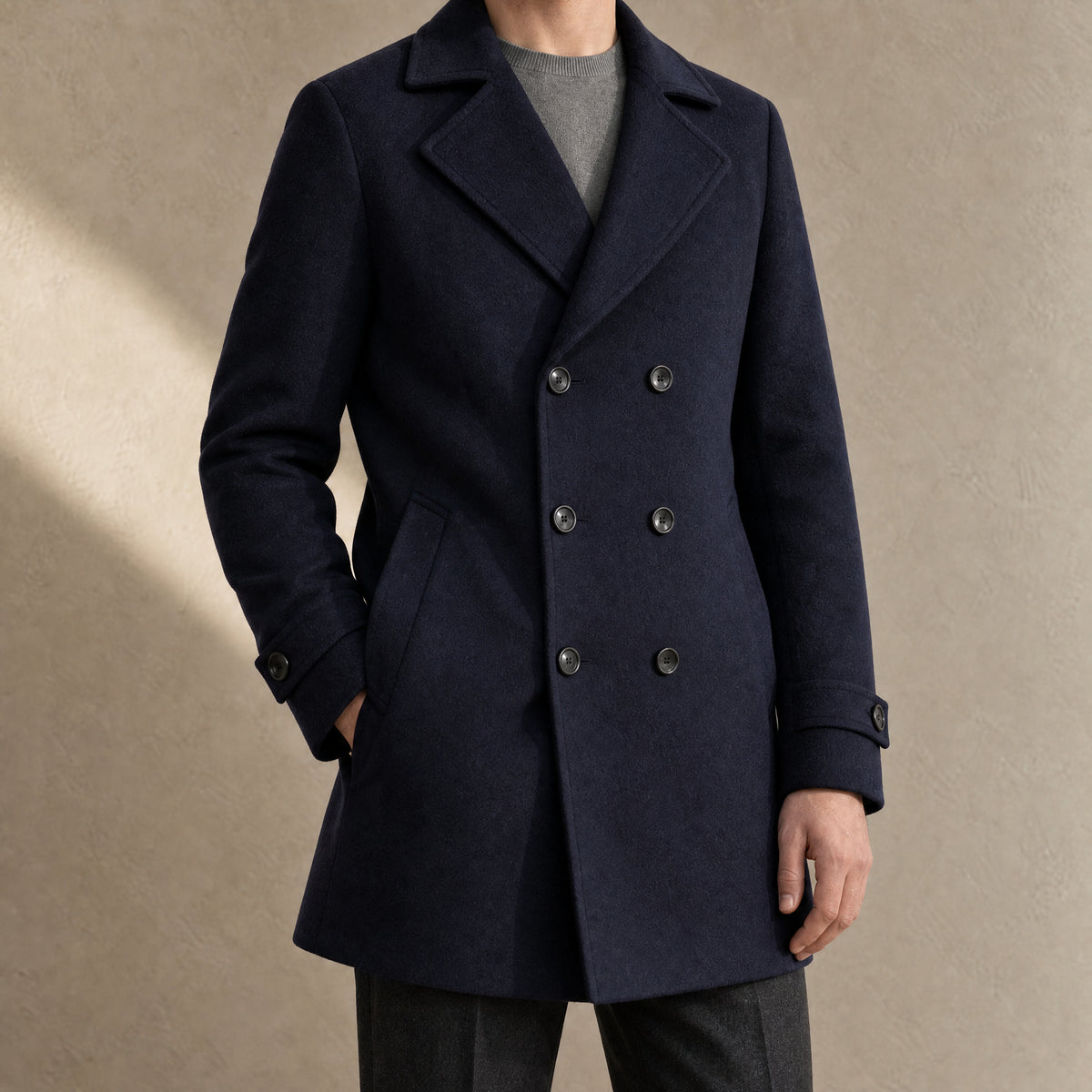 Basalt Double-Breasted Wool-Blend Coat in Navy