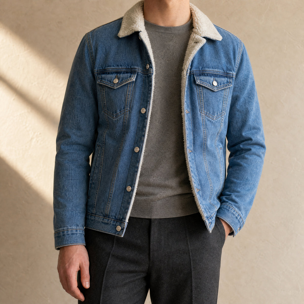 Bilberry Sherpa-Lined Denim Jacket in Light Blue