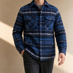 Blizzard Sherpa-Lined Shirt Jacket in Navy Blue Plaid