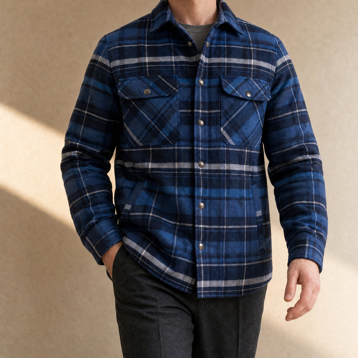 Blizzard Sherpa-Lined Shirt Jacket in Navy Blue Plaid