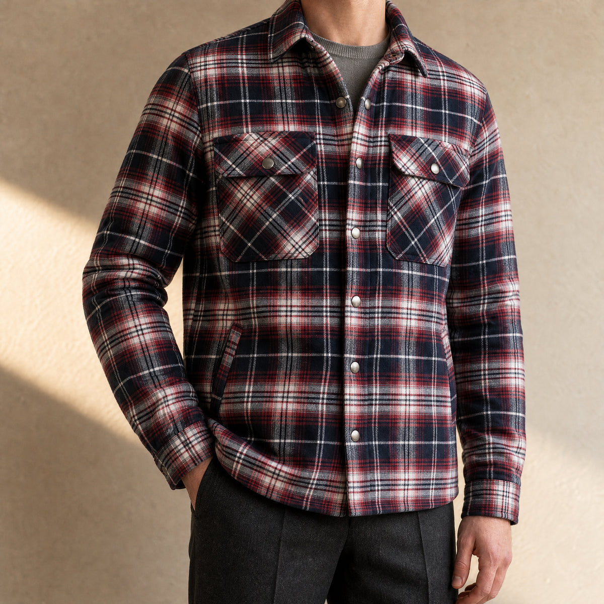 Blizzard Sherpa-Lined Shirt Jacket in Wine Red Plaid