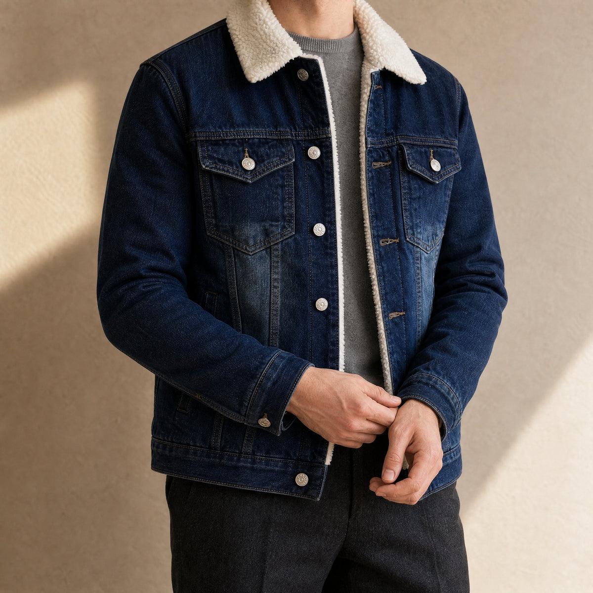 Bluff Sherpa-Lined Denim Jacket in Dark Blue