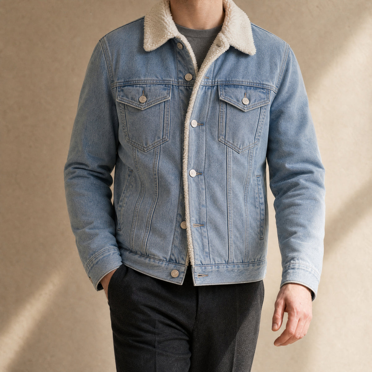 Bluff Sherpa-Lined Denim Jacket in Light Blue