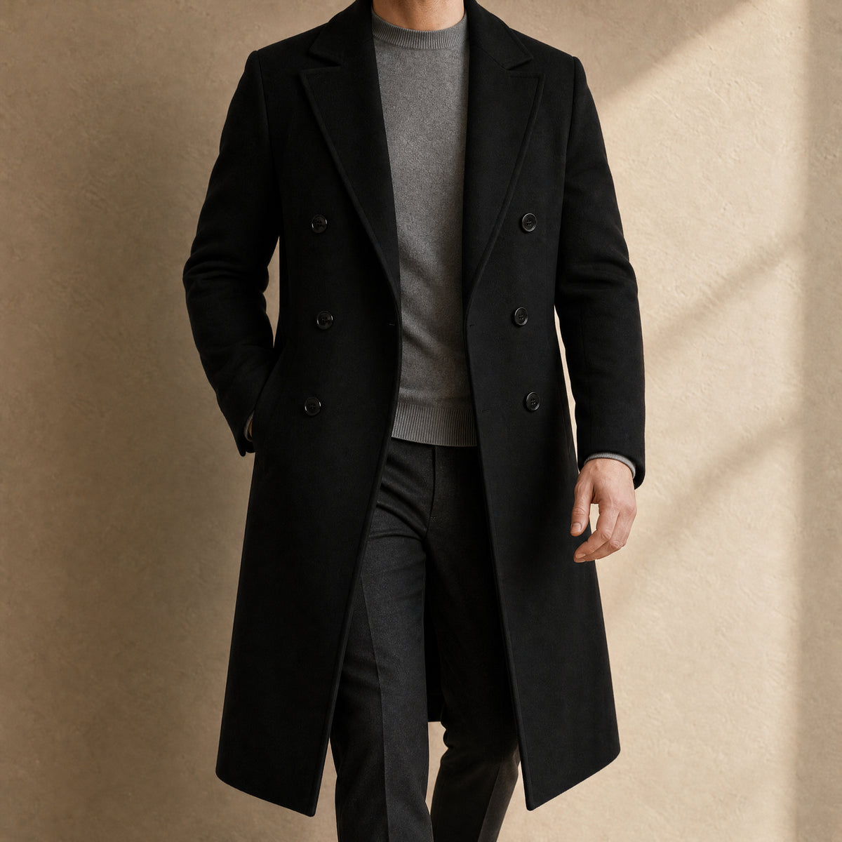 Bough Long Double-Breasted Overcoat in Black
