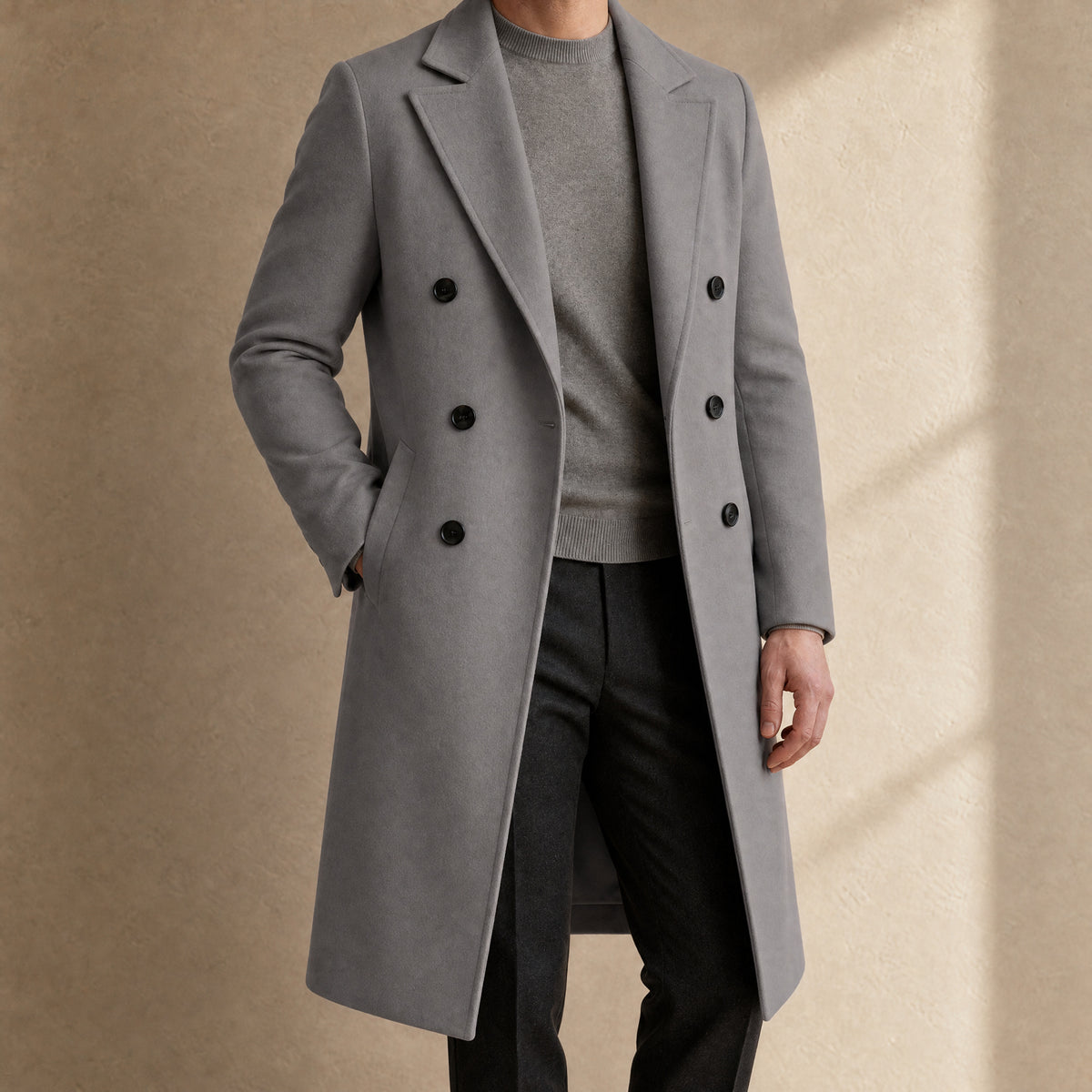 Bough Long Double-Breasted Overcoat in Gray
