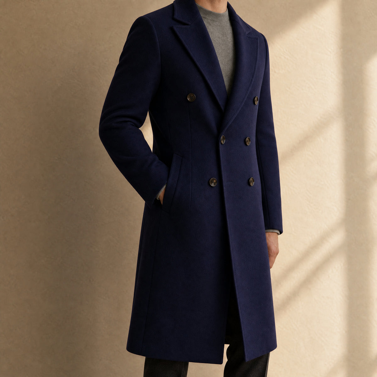 Bough Long Double-Breasted Overcoat in Navy Blue