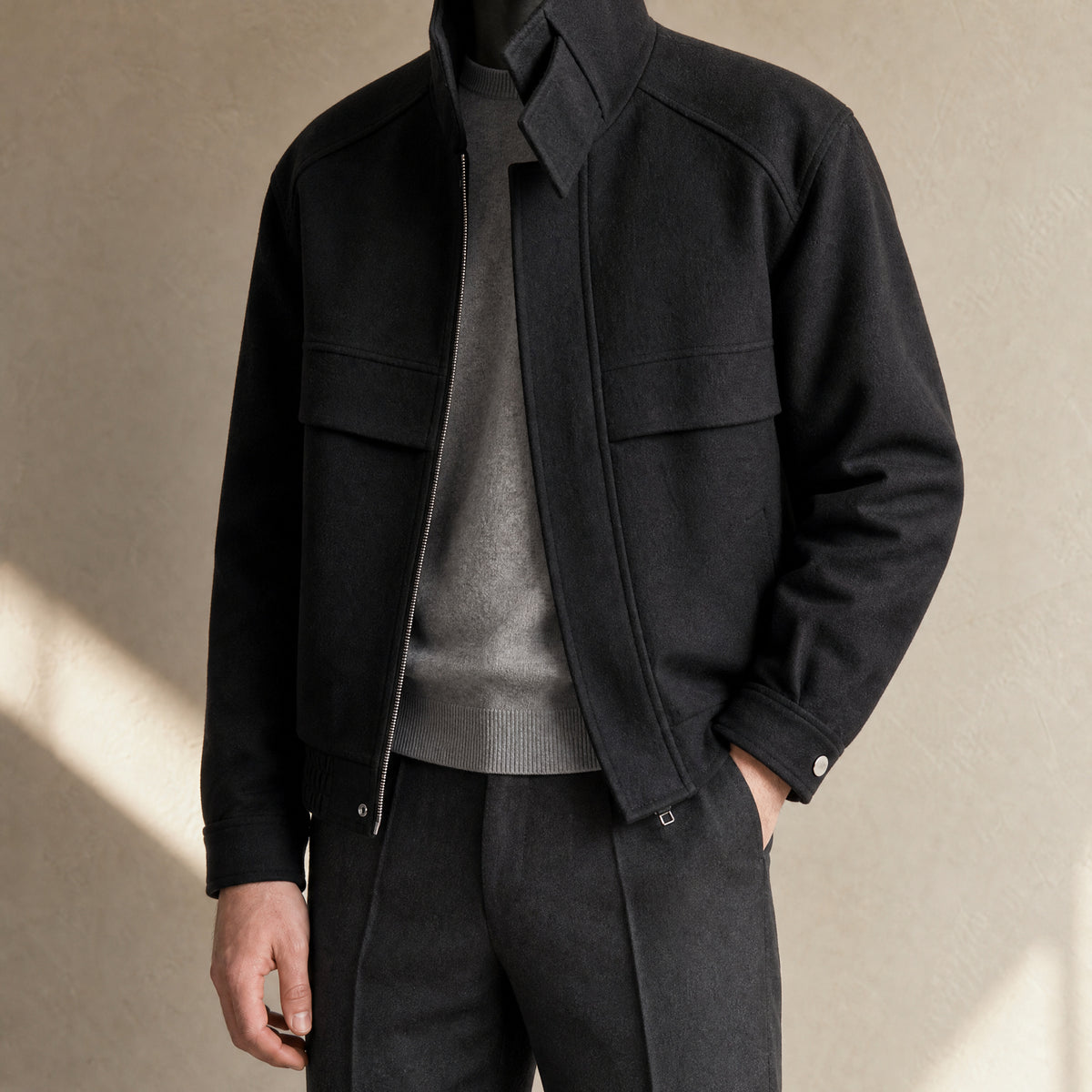Bower Short Stand-Collar Bomber Jacket in Black