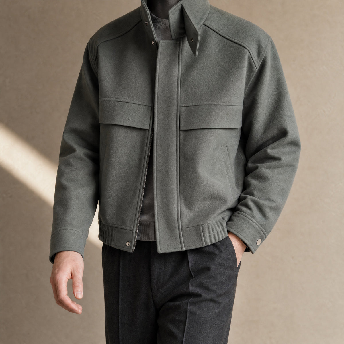 Bower Short Stand-Collar Bomber Jacket in Green