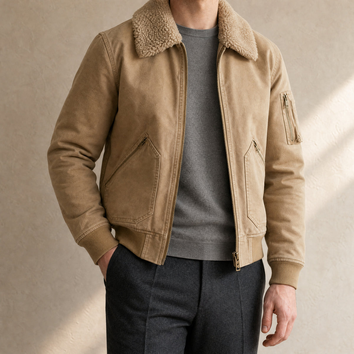 Burrow Sherpa-Lined Bomber Jacket in Khaki