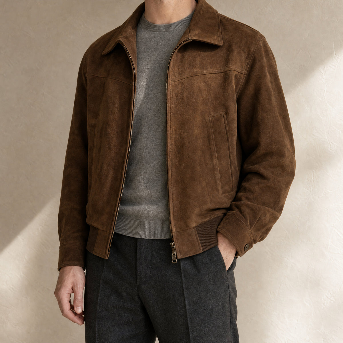 Calve Suede Bomber Jacket in Brown