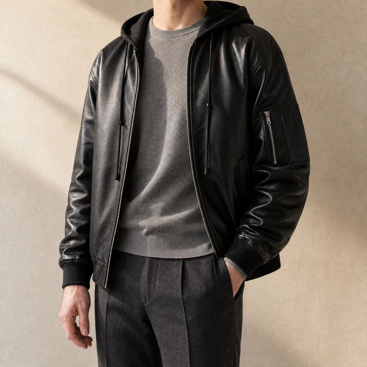 Canyon Suede Hooded Bomber Jacket in Black