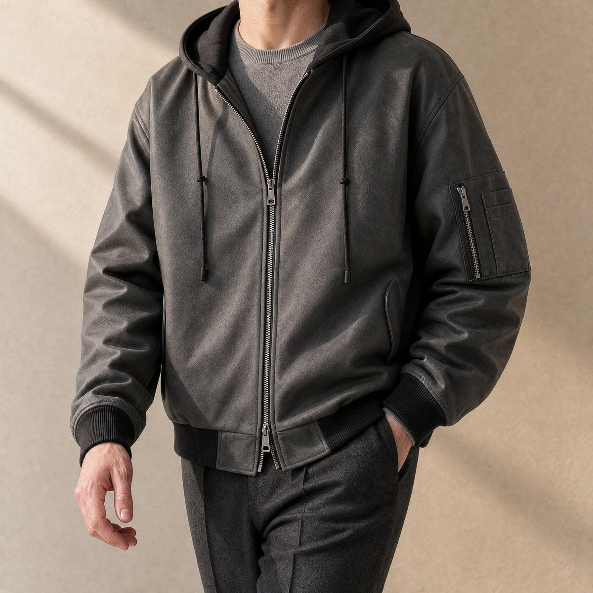 Canyon Suede Hooded Bomber Jacket in Charcoal Gray