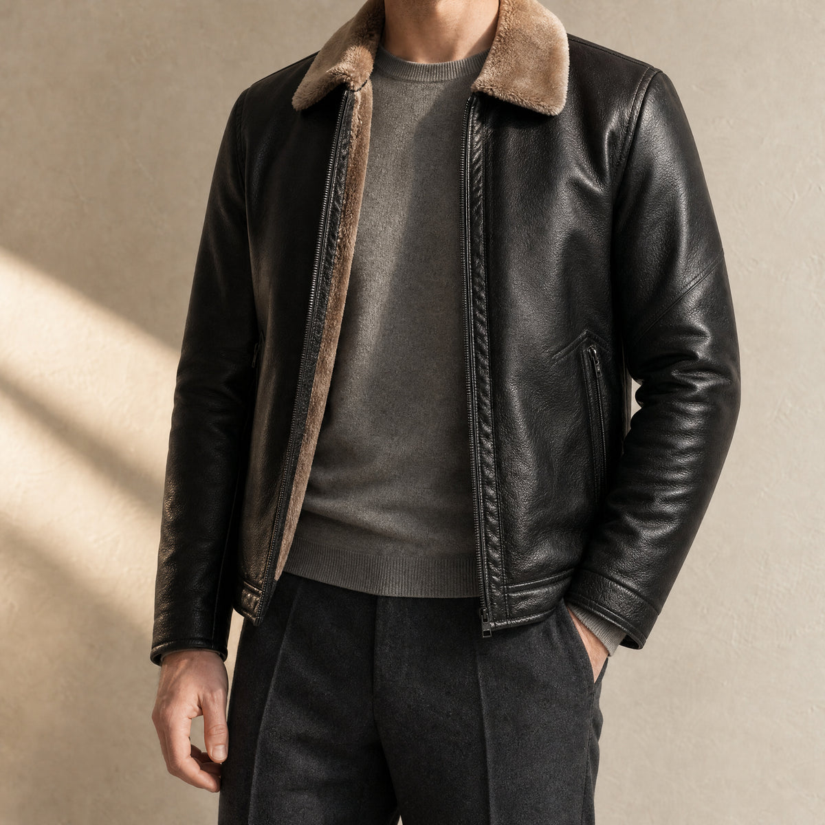 Chasm Leather Shearling Jacket in Black