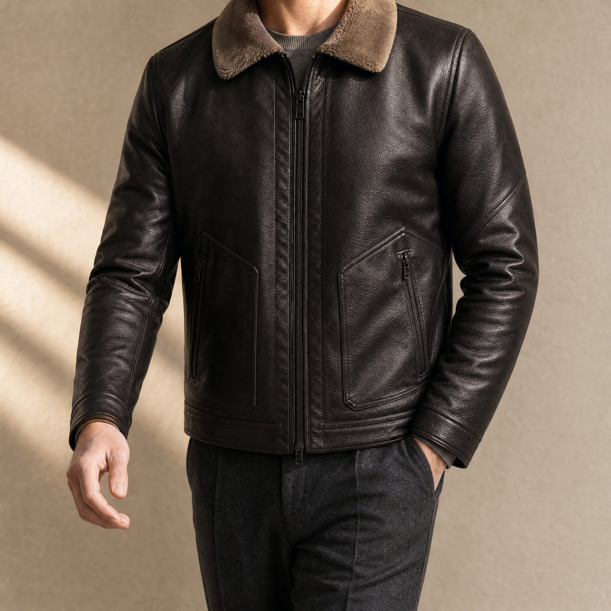 Chasm Leather Shearling Jacket in Coffee