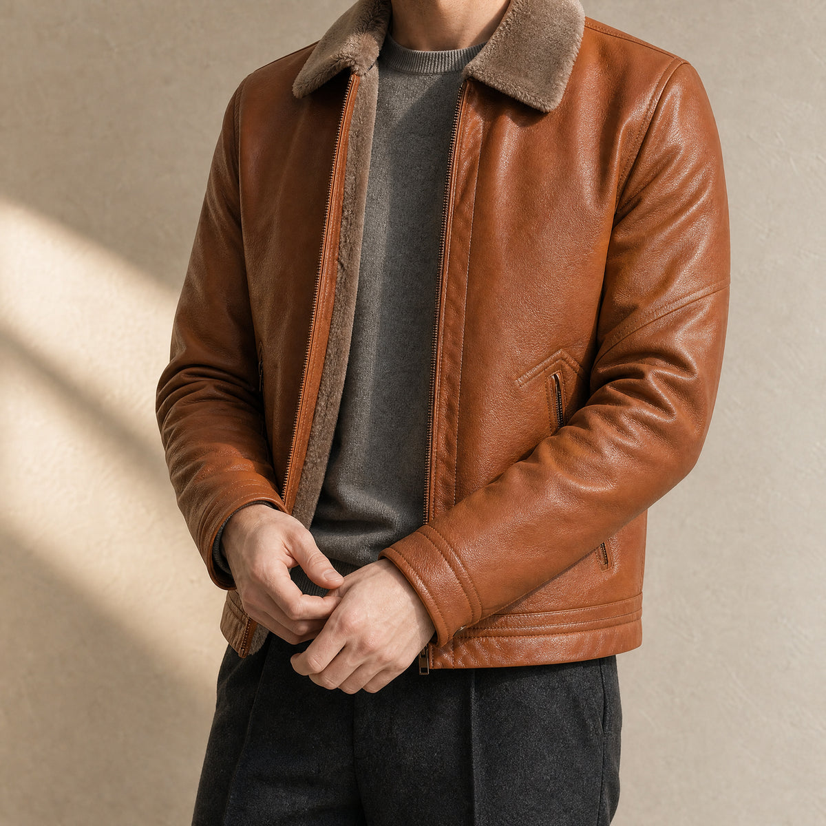 Chasm Leather Shearling Jacket in Red Brown