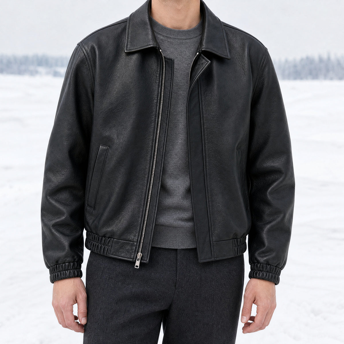 Cirque Leather Bomber Jacket in Black