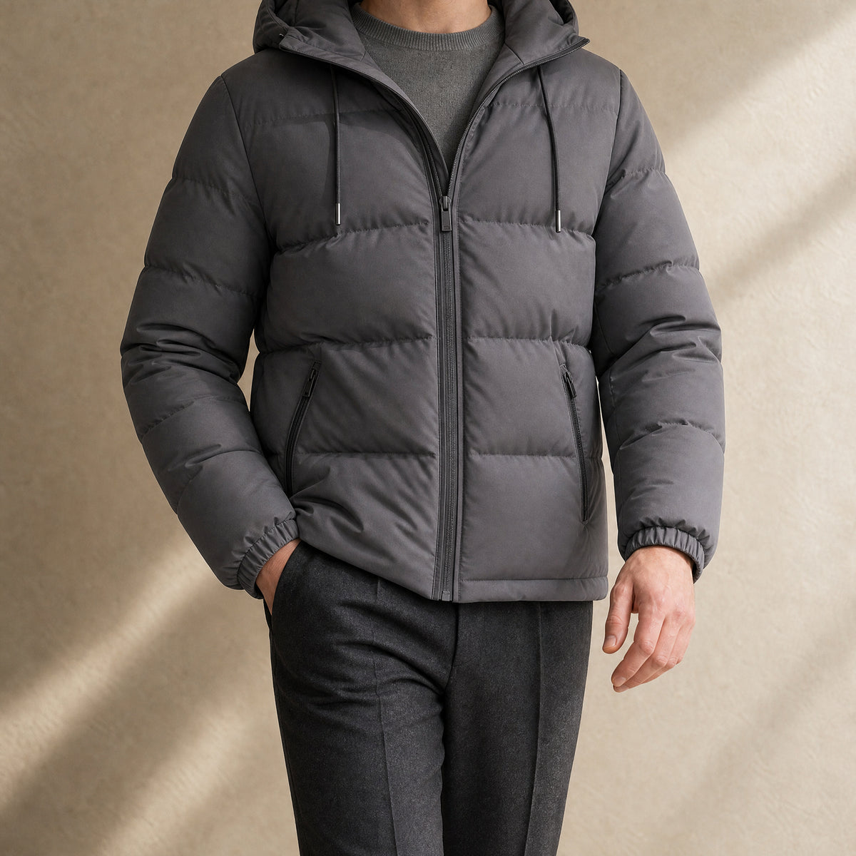 Cirrus Hooded Puffer Jacket in Dark Gray