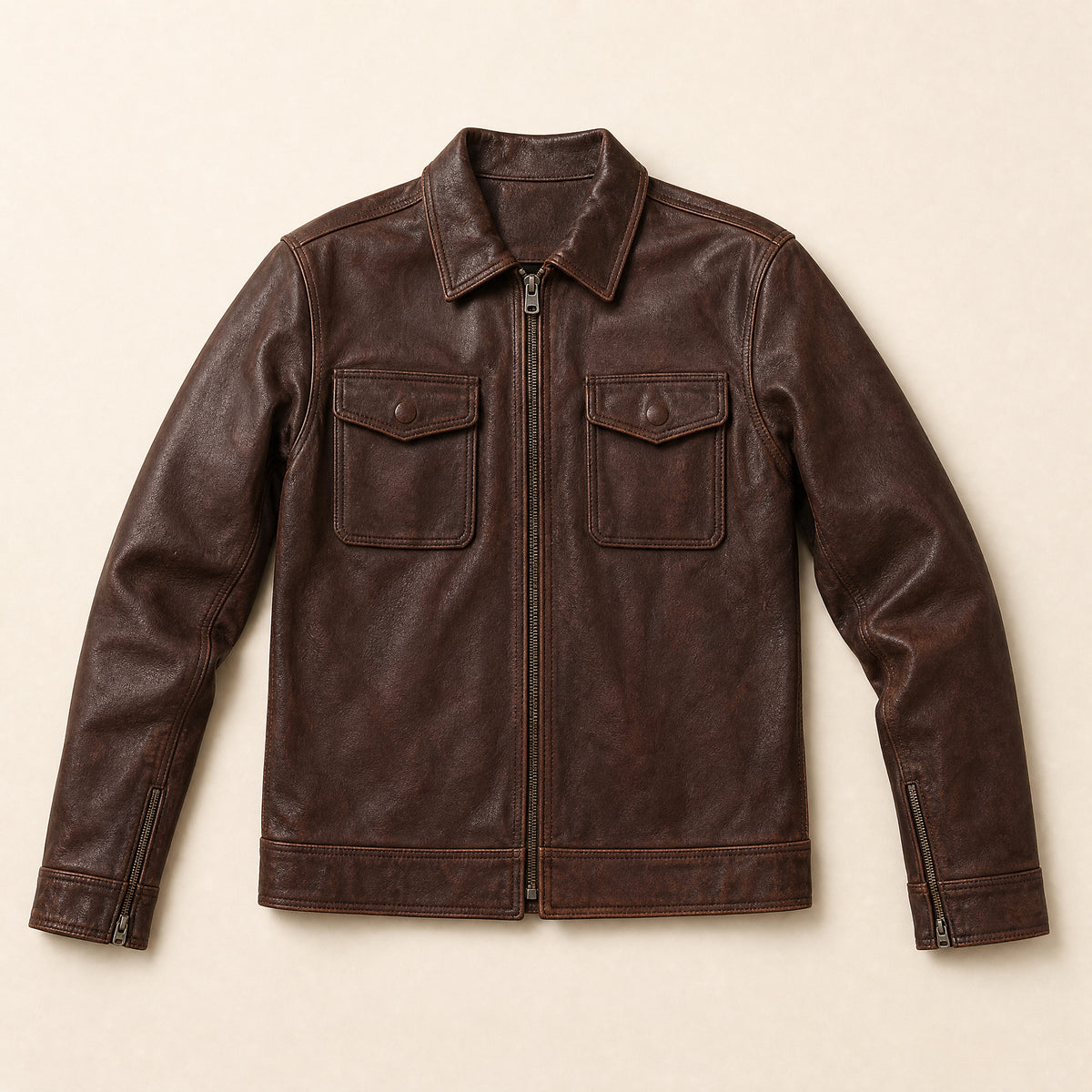 Cliff Leather Biker Jacket in Brown
