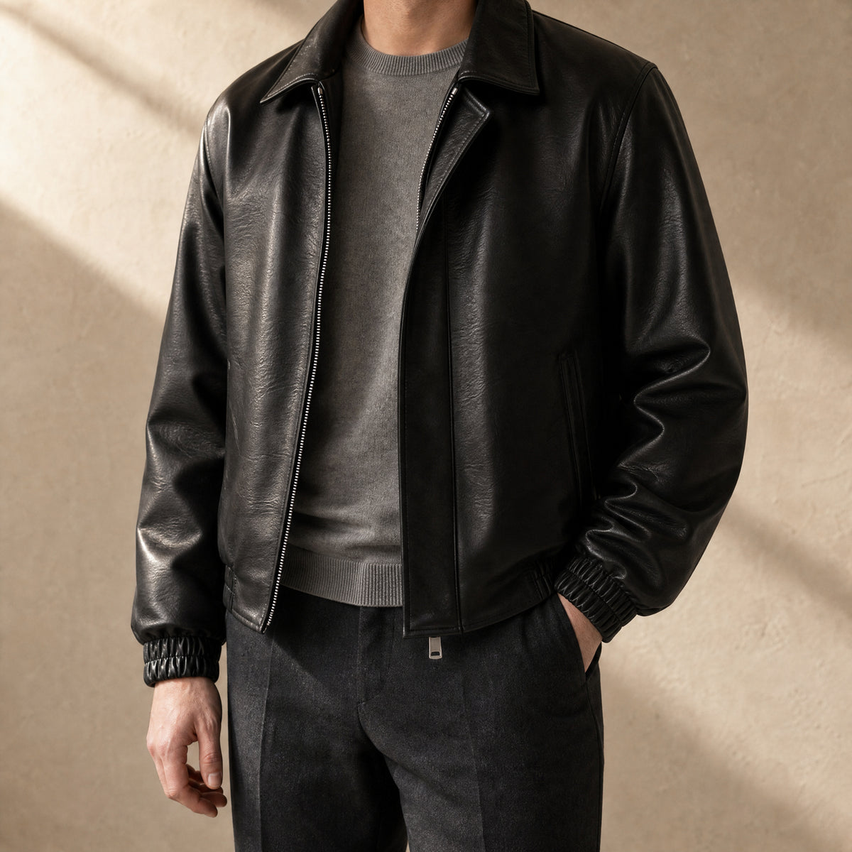 Comber Leather Bomber Jacket in Black