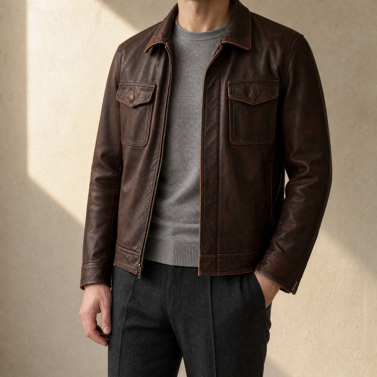 Comet Leather Biker Jacket in Brown