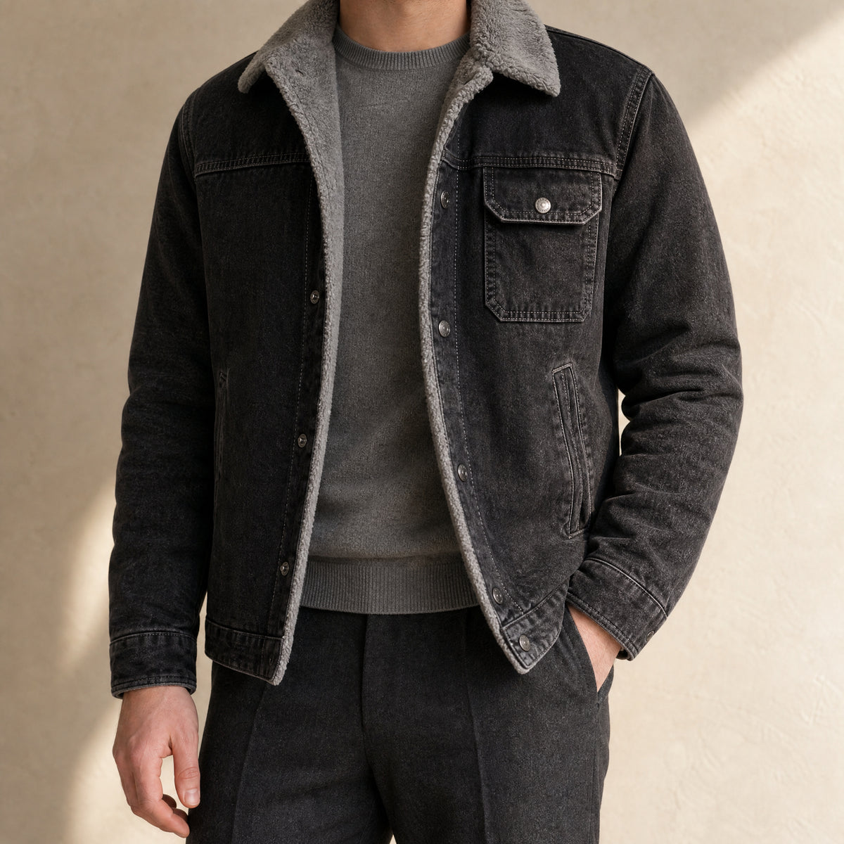 Coombe Fleece-Lined Denim Jacket in Black
