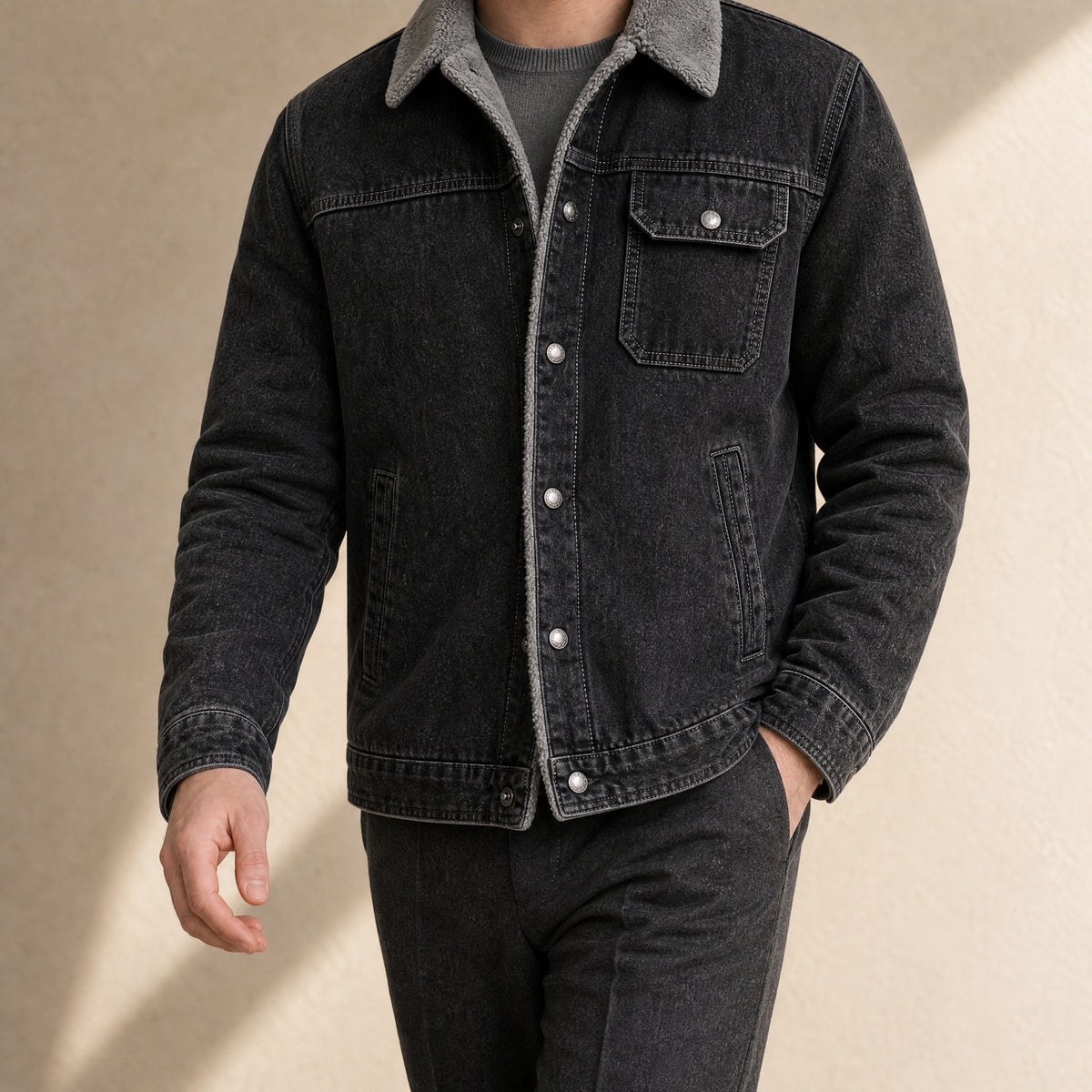 Coombe Fleece-Lined Denim Jacket in Charcoal