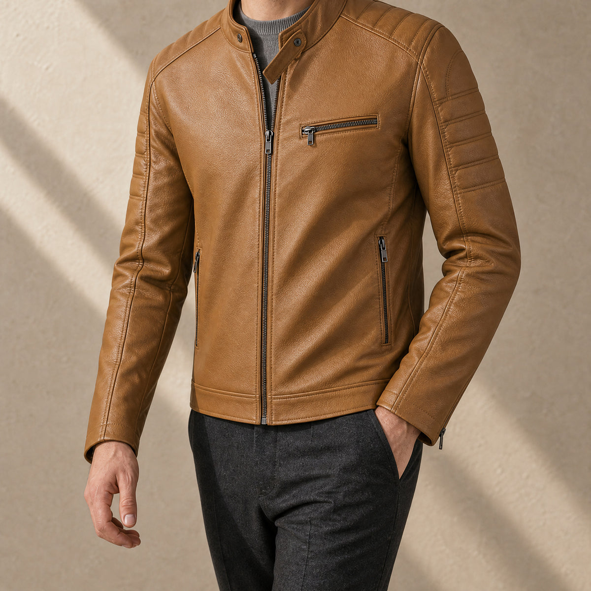 Coppice Stand-Collar Moto Jacket in Khaki