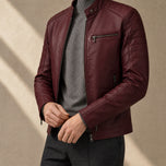 Coppice Stand-Collar Moto Jacket in Wine Red