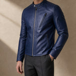 Cove Leather Moto Jacket in Blue