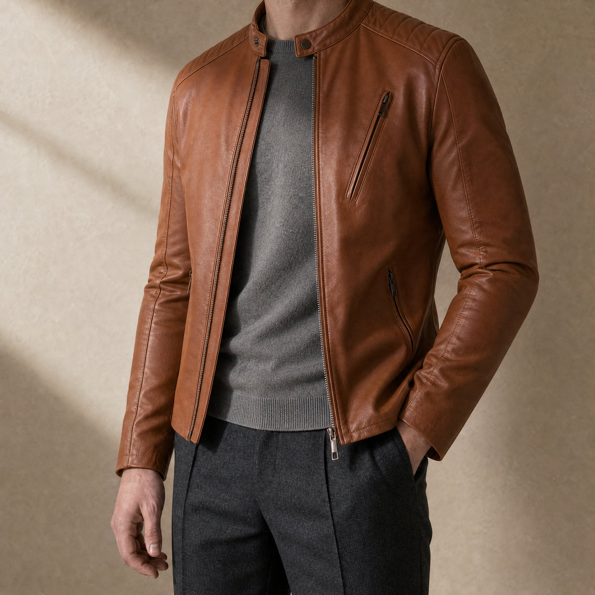 Cove Leather Moto Jacket in Earth Yellow