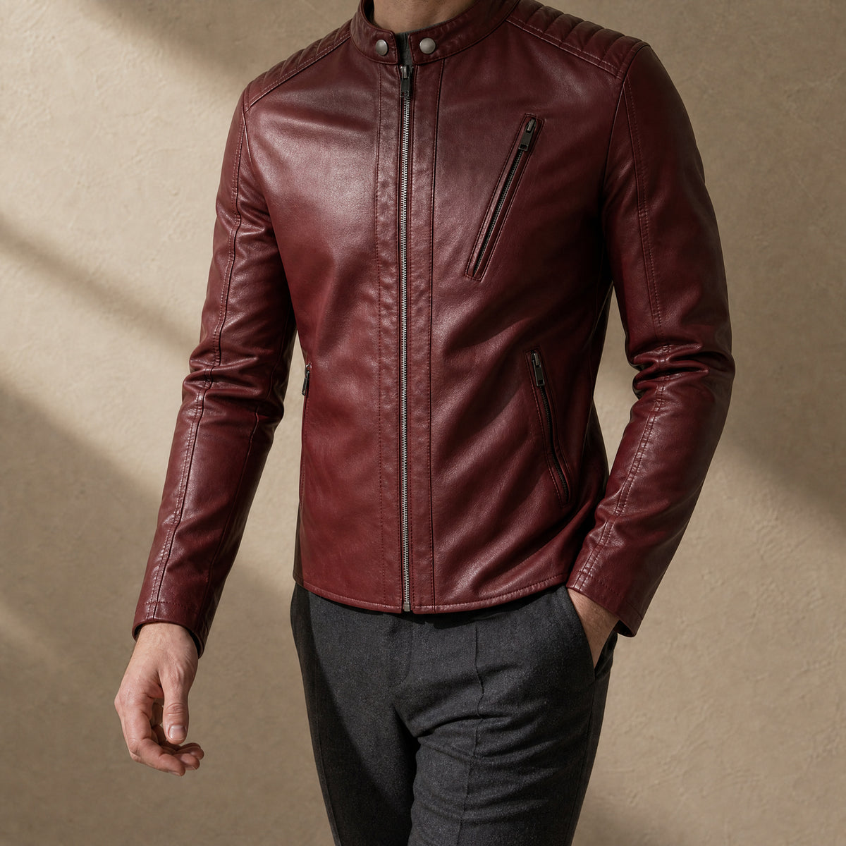Cove Leather Moto Jacket in Red