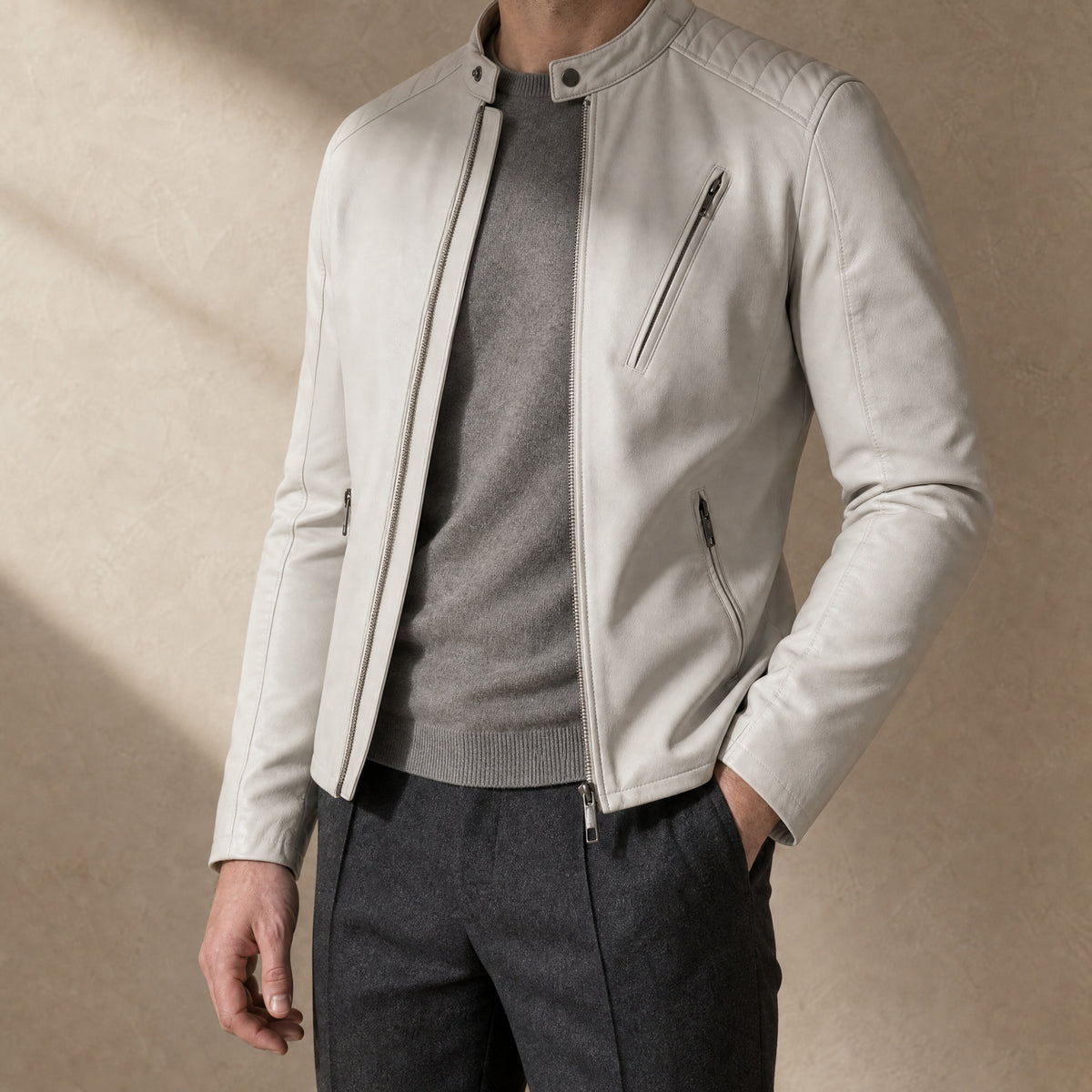 Cove Leather Moto Jacket in White