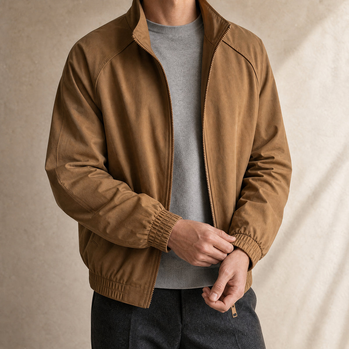 Crag Stand-Collar Bomber Jacket in Brown